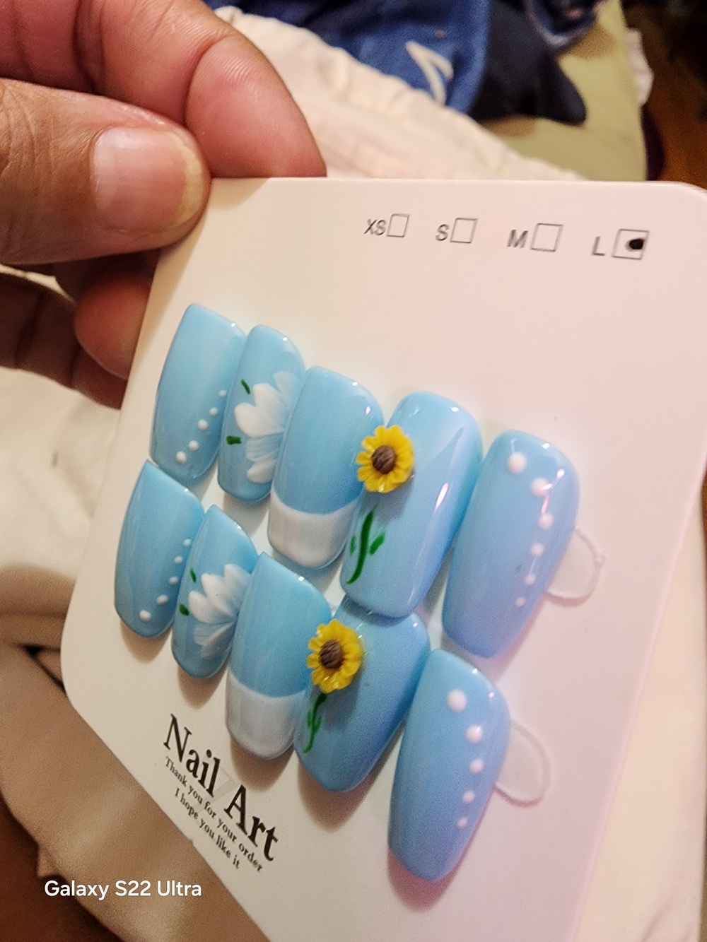 Nail Art Press-On Nails - Sky Blue Daisy & Sunflower Design